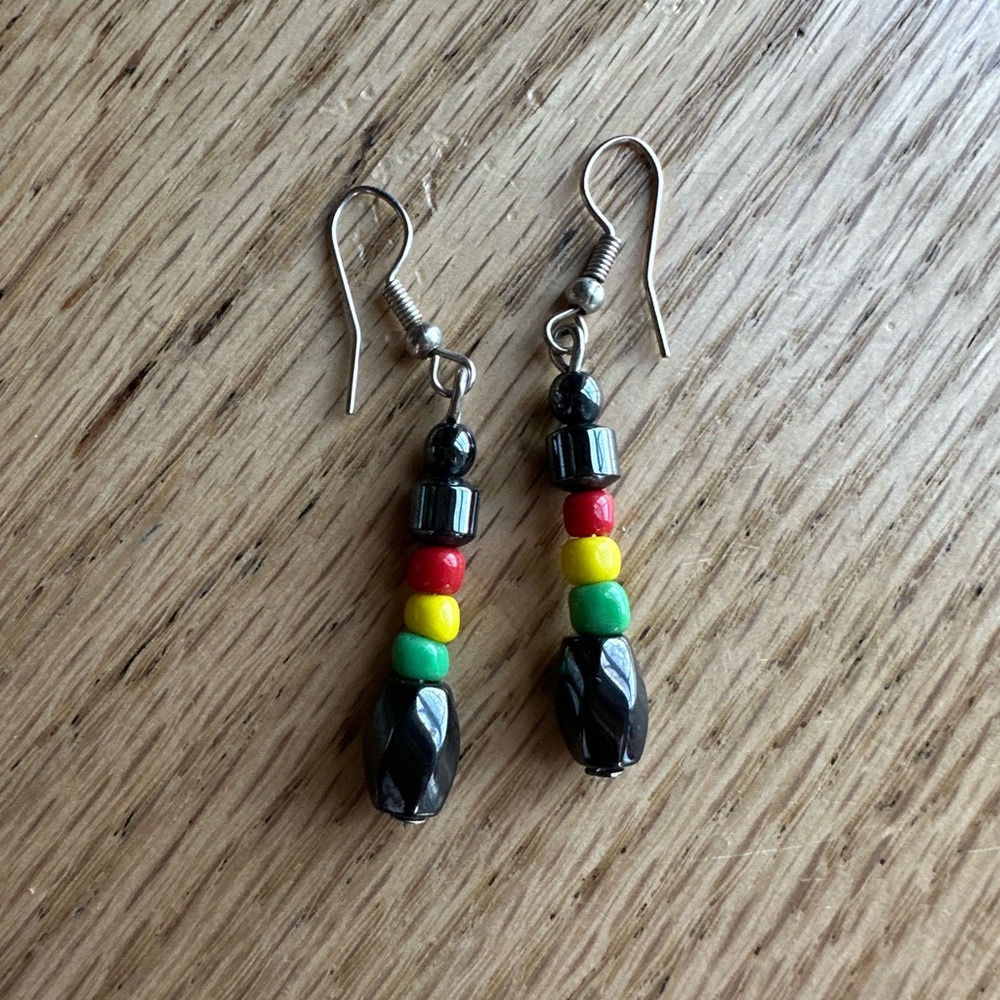 Handmade Hematite Bead Earrings with Red, Yellow & Green Accents